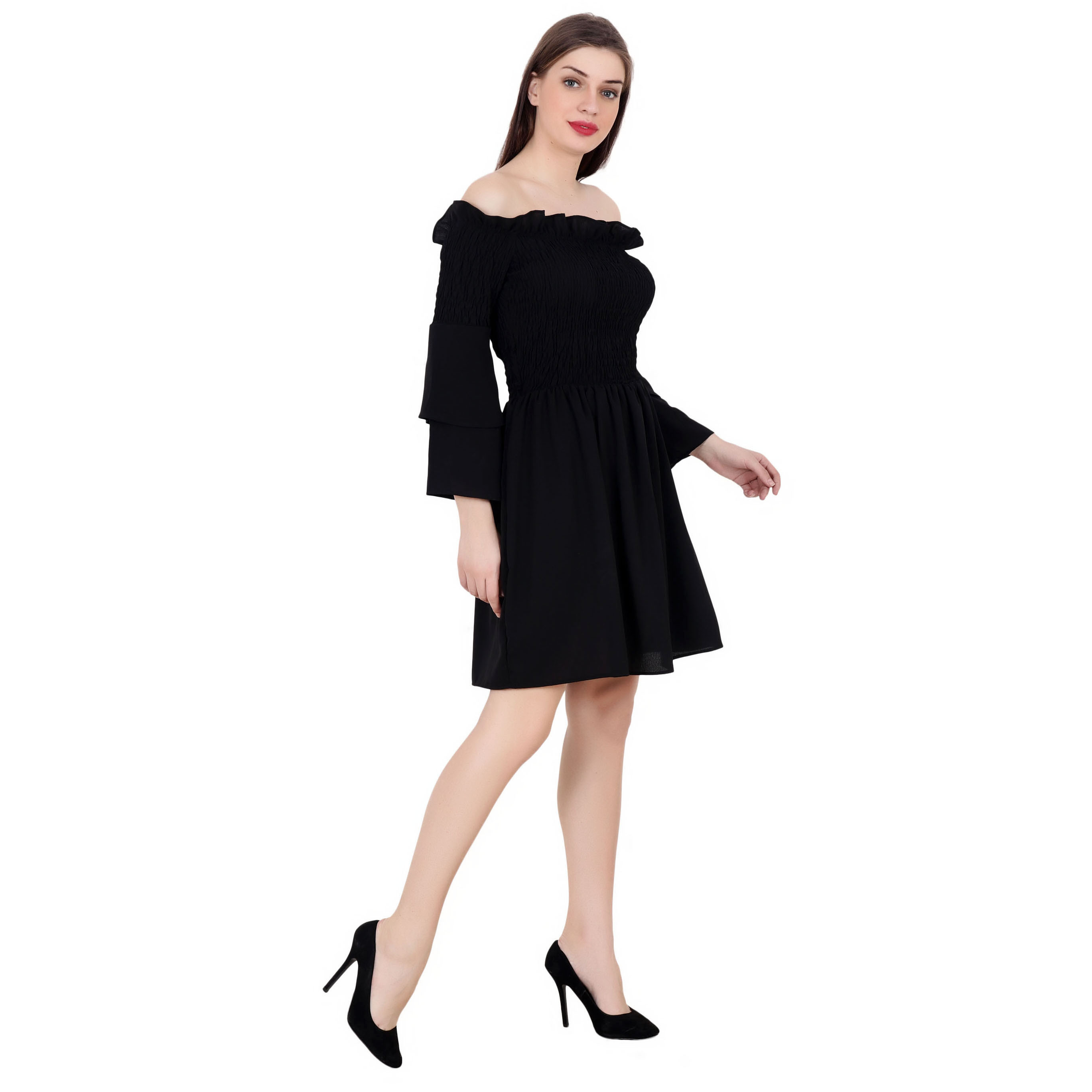 BLACK OFF SHOULDER BELL SLEEVE FLARED MIDI